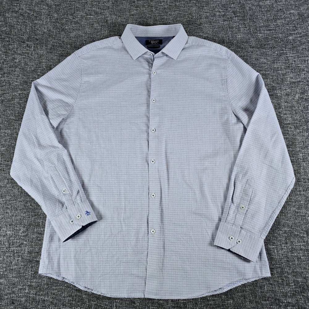 Original Penguin Men's Heritage Slim Fit Shirt Blue White 17 34/35 Cotton